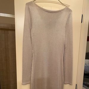 Under the knee grey dress.
